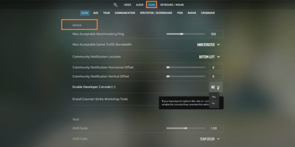 Navigate to the Game tab in CS2 settings
