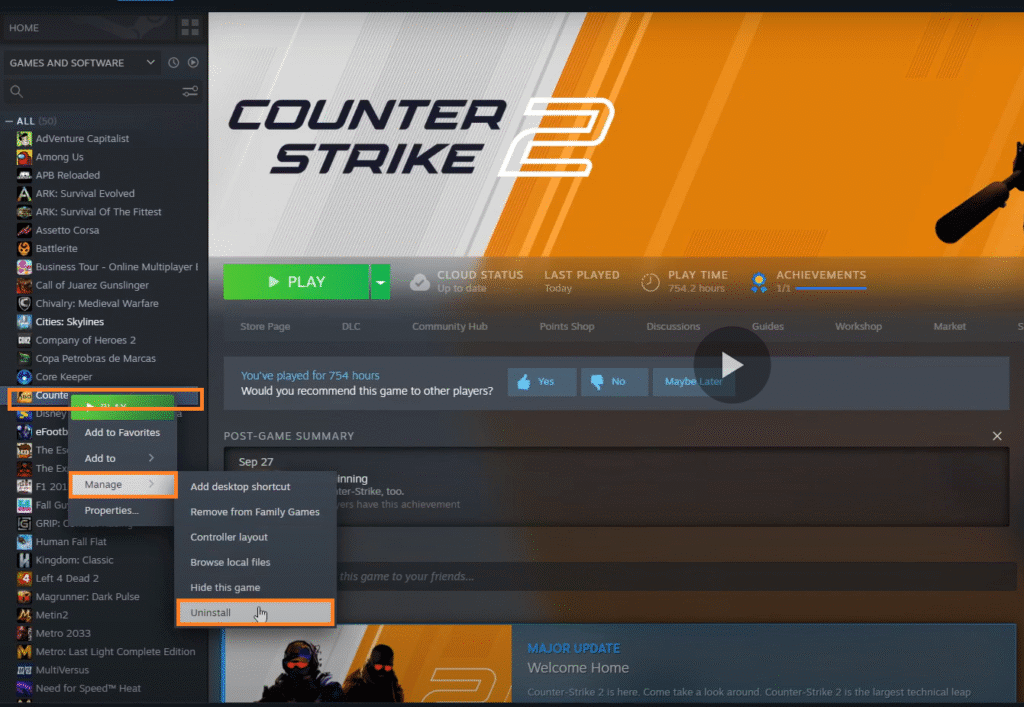 Uninstall Counter-strike2 from Steam