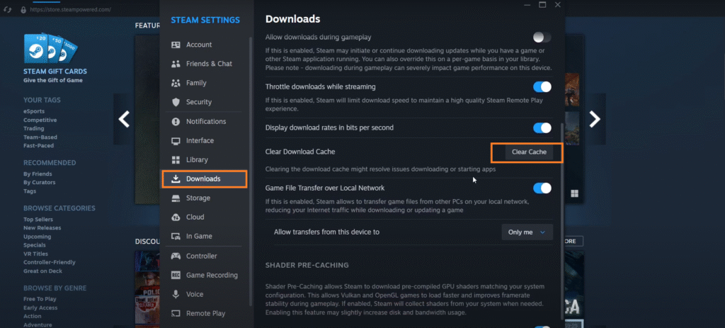Illustrating how to Clear Download Cache in Steam