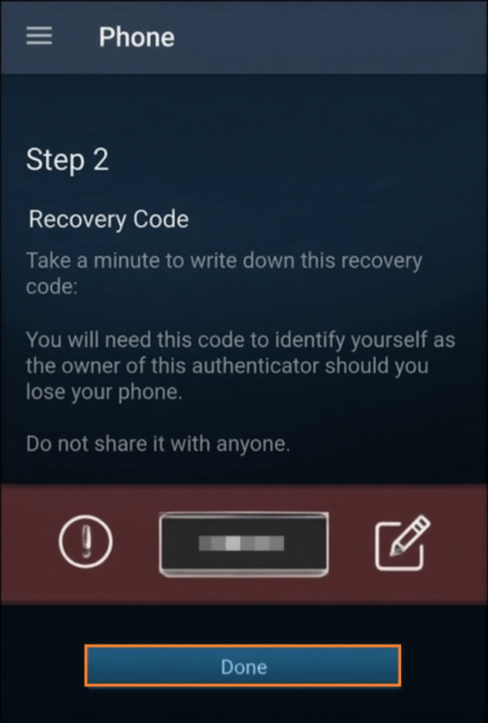 The recovery code screen in the Steam app