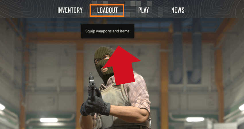 CS2 main menu with an arrow pointing to the "Loadout" section